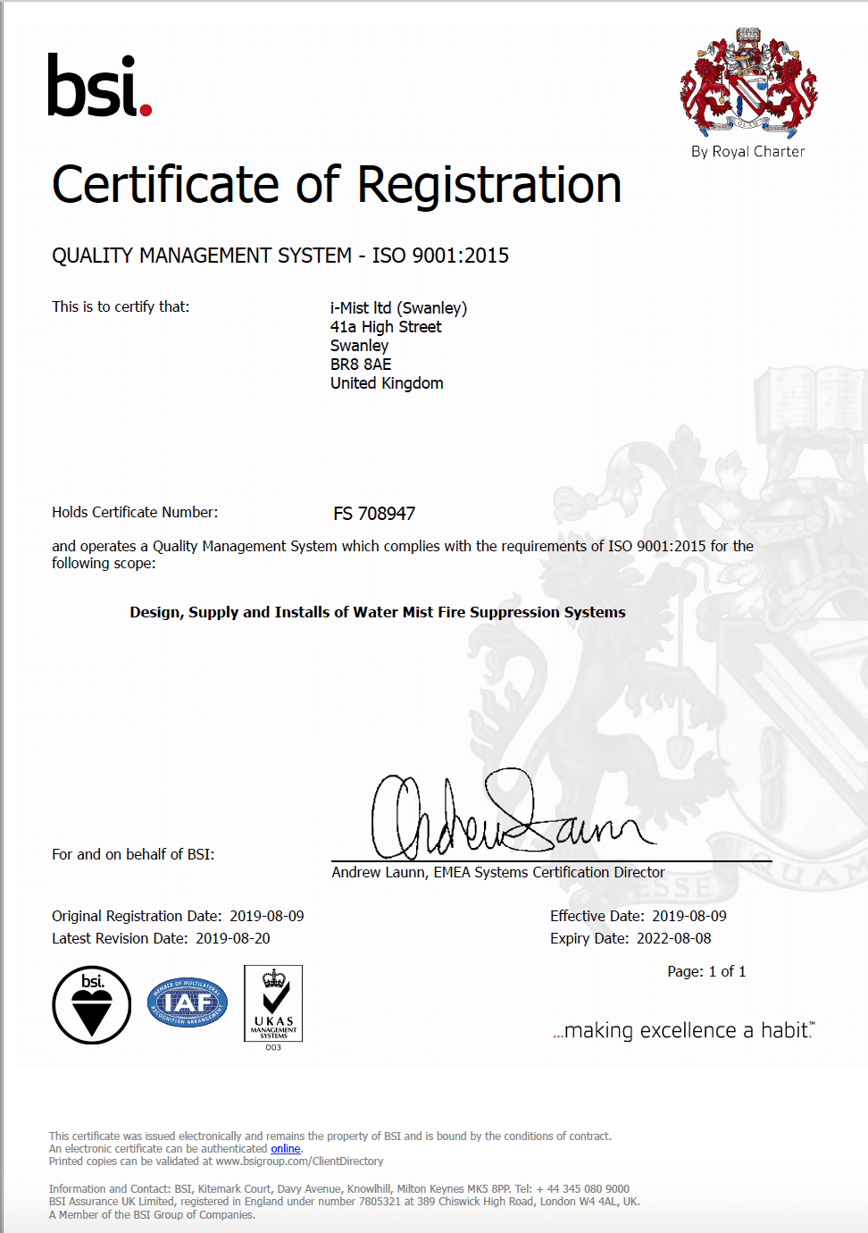 BSI certificate of registration that iMist was awarded
