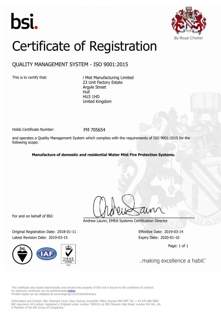 BSI ISO 9001 Manufacturing certificate that iMist was awarded