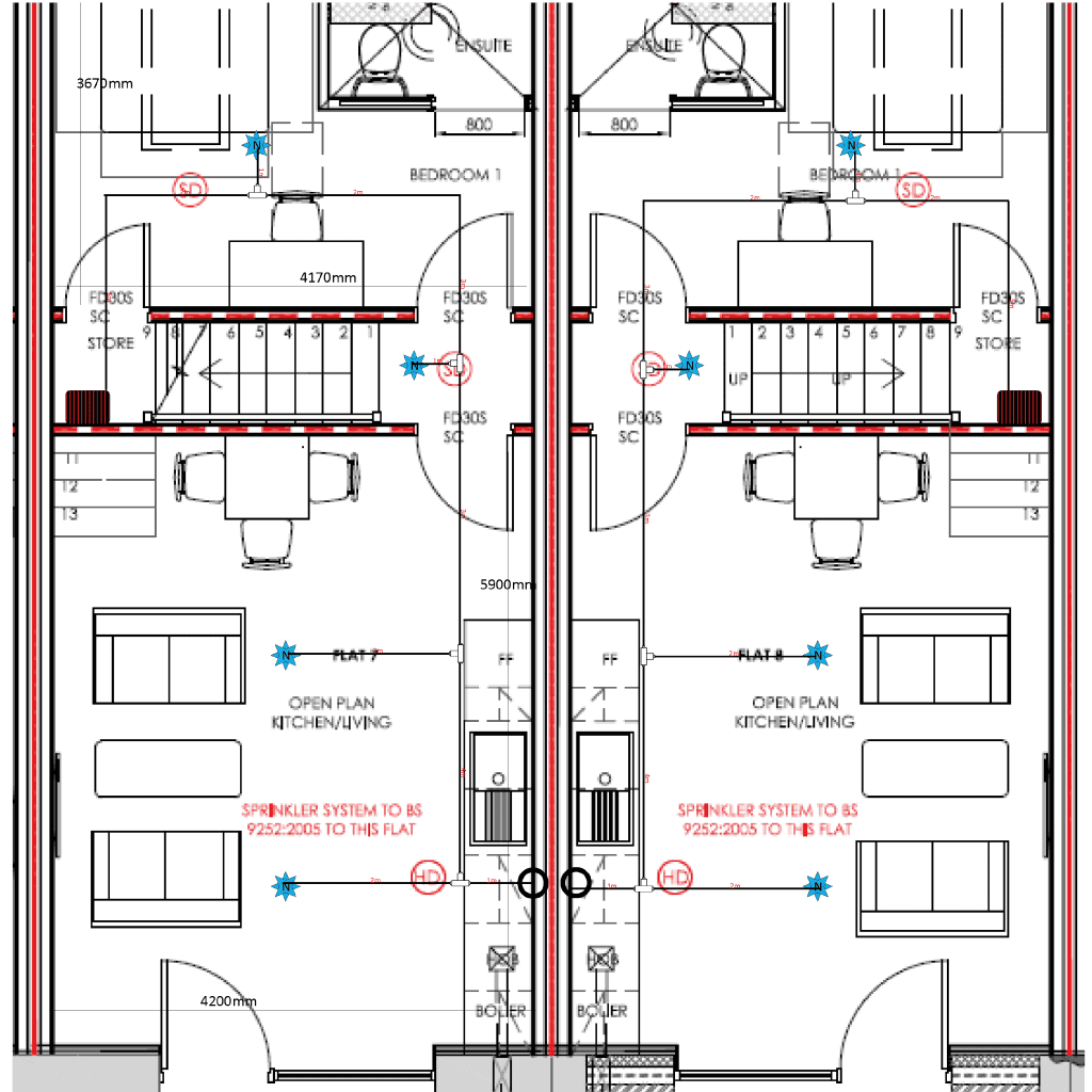 Floorplan from iMist, installing a fire suppression system in a family home