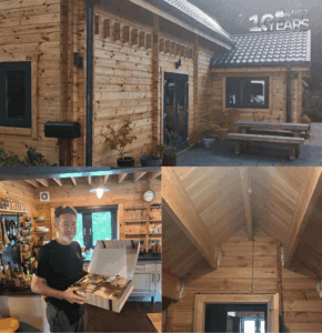 Kevin is holding the hamper that he won, along side his free service